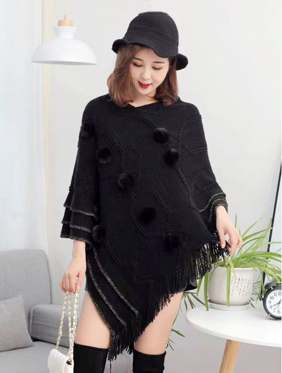 Soft Knitted Solid Poncho W/ Pom Pom & Fringes